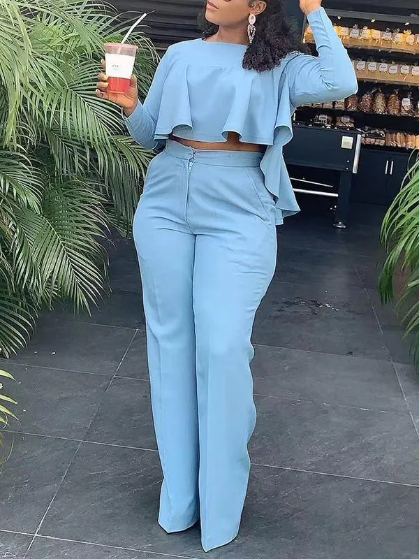 Crop Top Long Sleeve Shirt & Pants Set