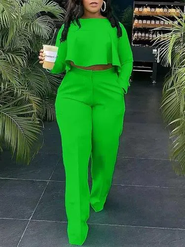 Crop Top Long Sleeve Shirt & Pants Set