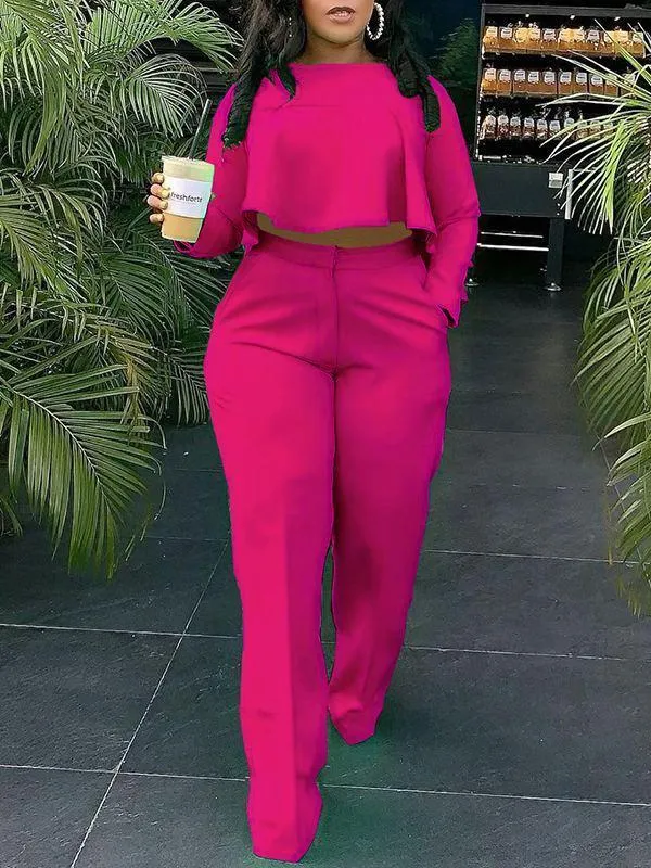 Crop Top Long Sleeve Shirt & Pants Set