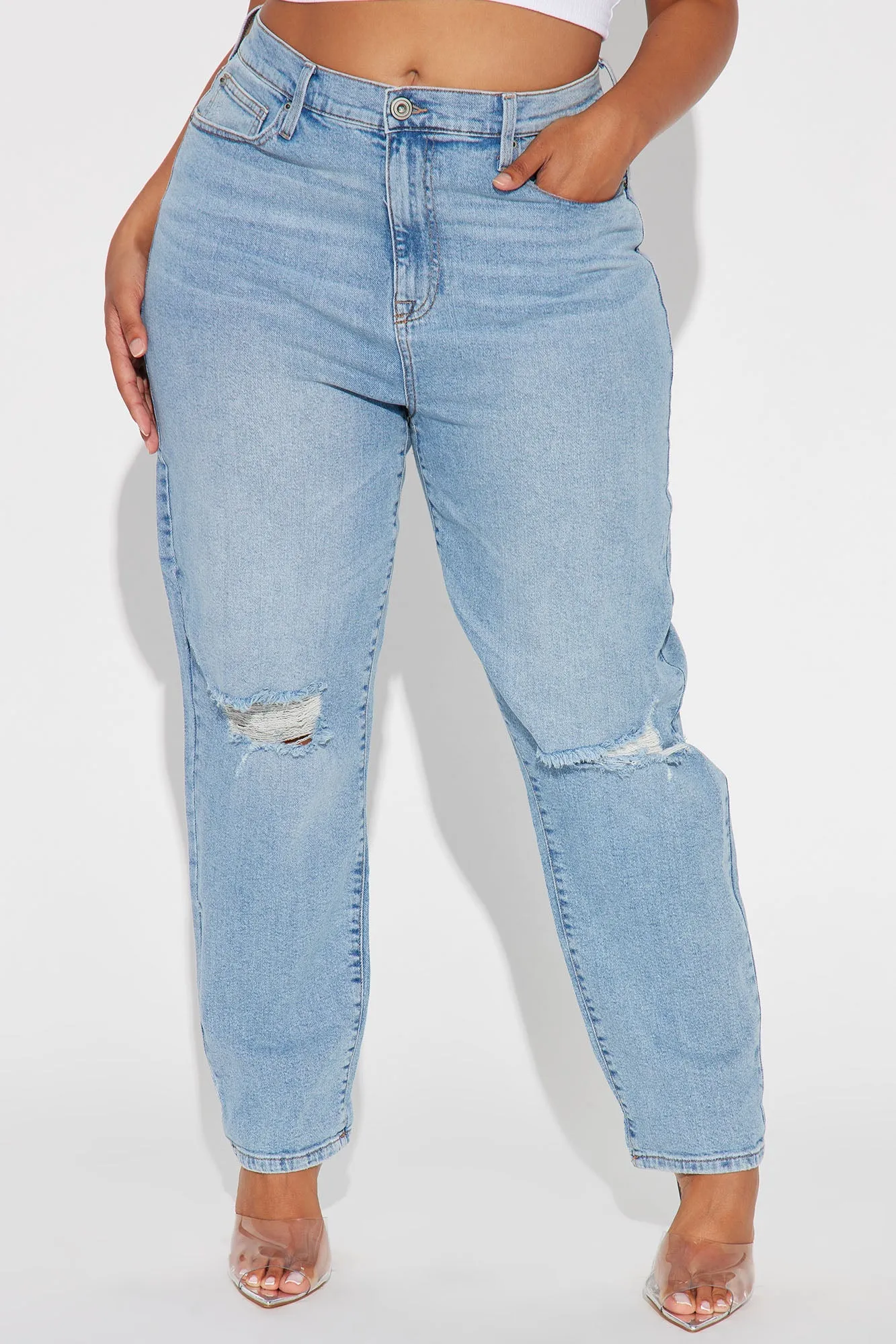 Daily Double Low Stretch Ripped Mom Jeans - Medium Blue Wash