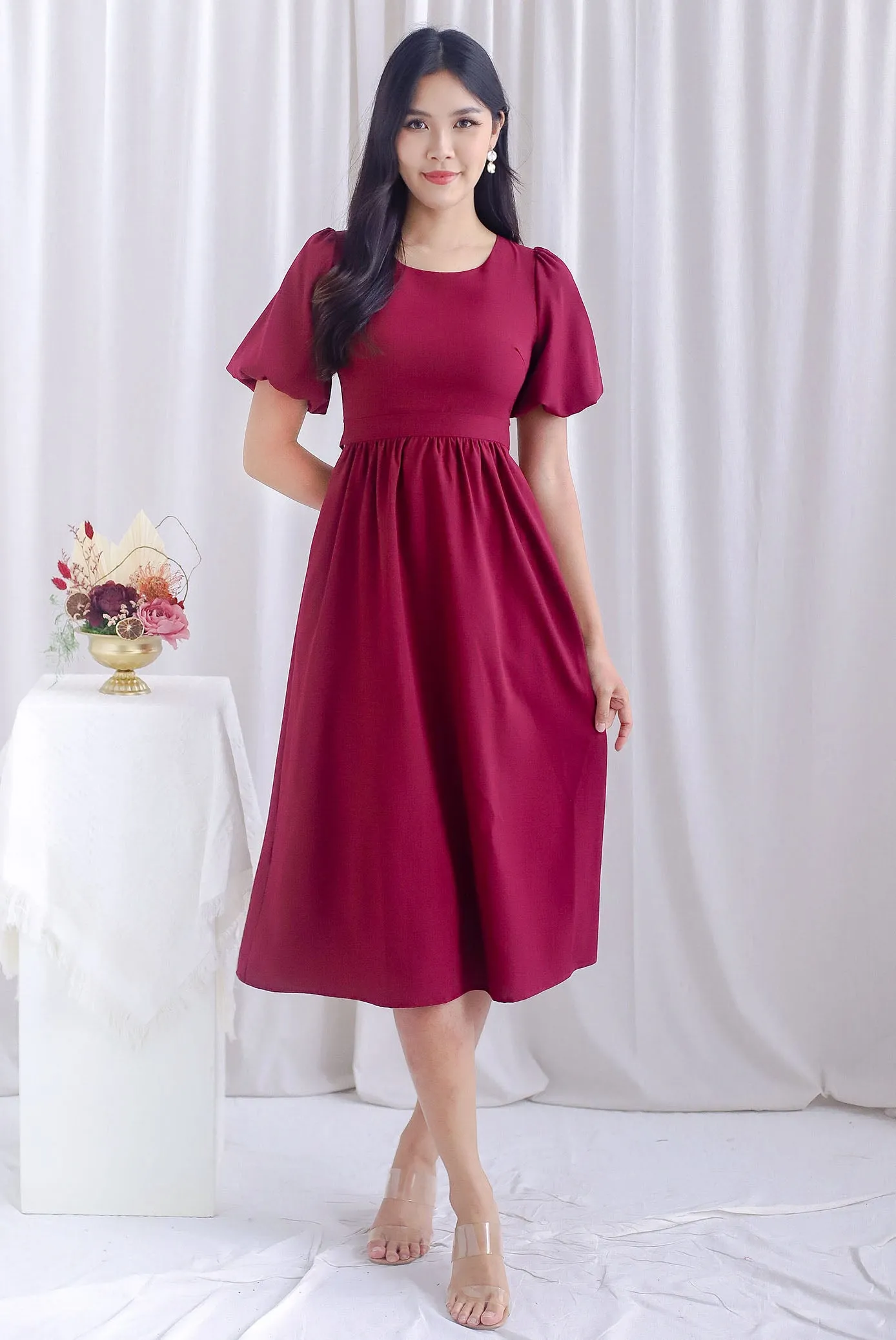 Danica Cut Out Tie Back Midi Sleeved Dress In Maroon