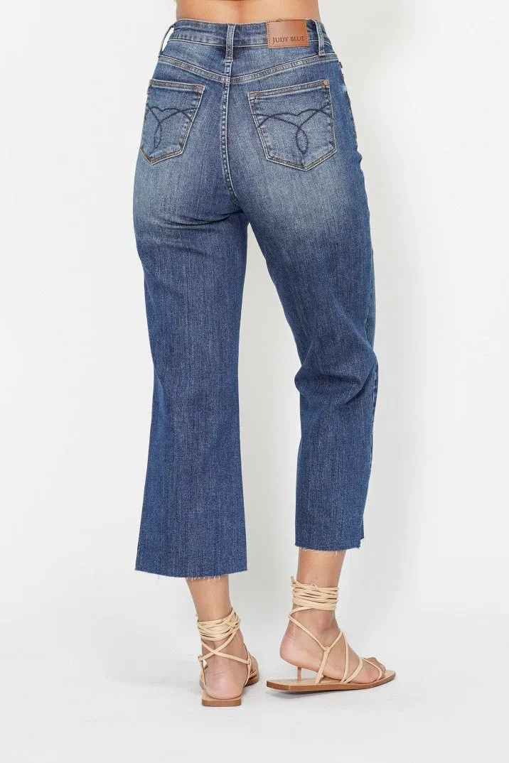 Dark High Waist Embroidered Back Pocket Wide Crop Judy Blue Jeans 9/16/24 8902
