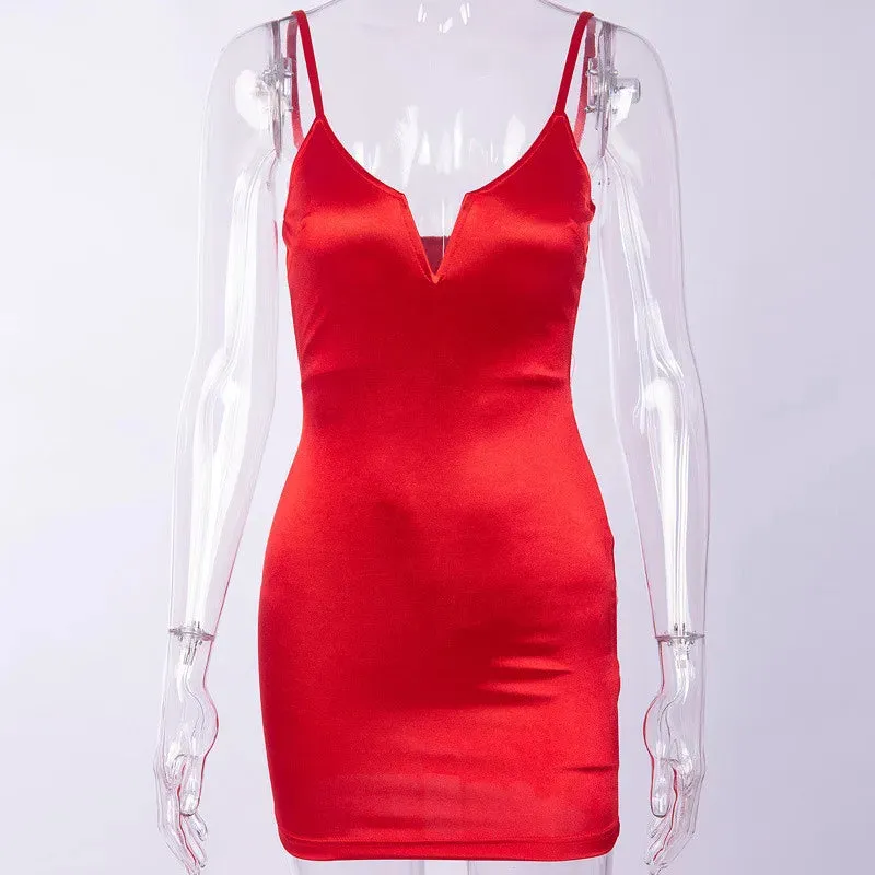 Deep V Backless Satin Silky Mini Dress