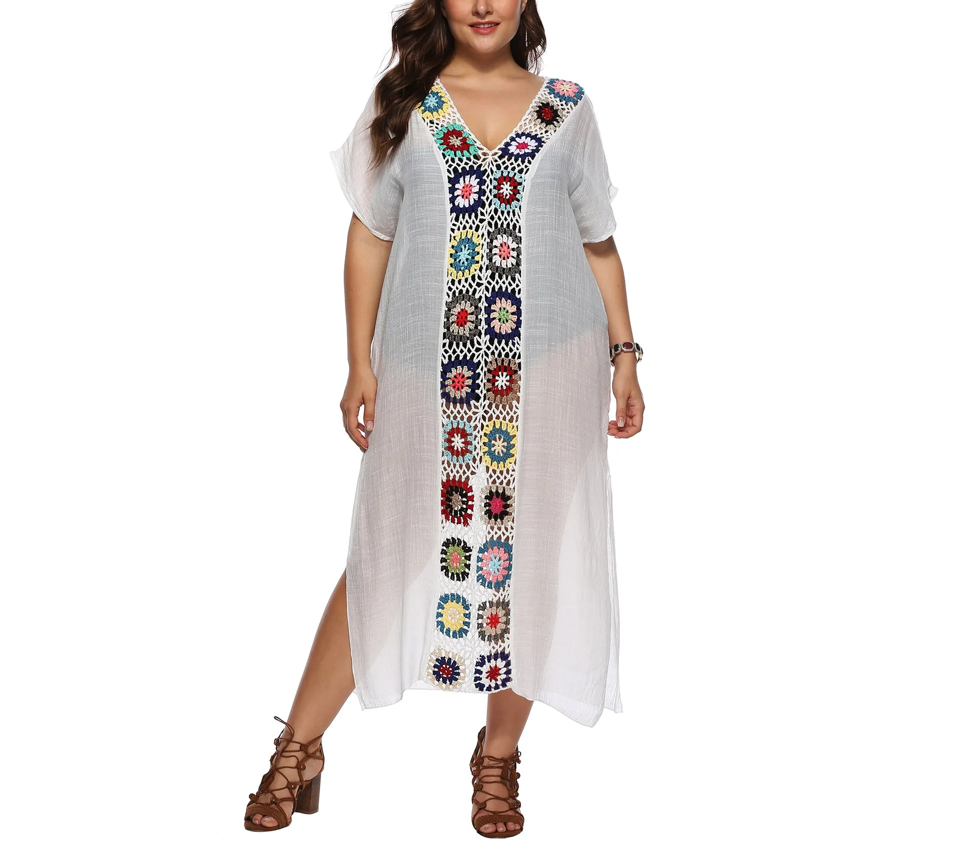 Deep V-neck Short-sleeved Large Size Beach Dress