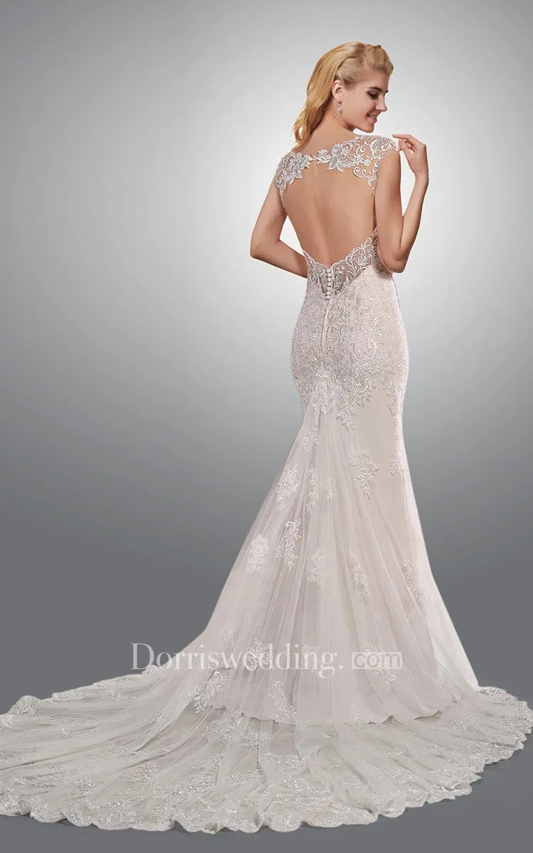 Delicate Floral Lace Wedding Dress With Open Back