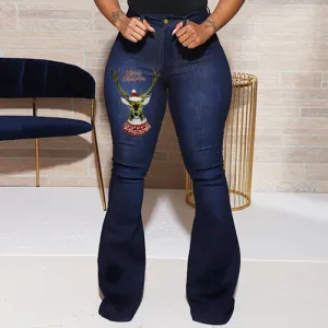 Denim Christmas Print Bell Bottom Jeans