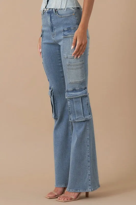 Denim Lab USA HIGH RISE CARGO BOOTCUT DENIM