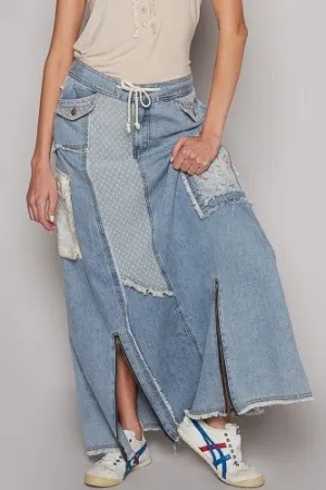 Denim Patch Detail Maxi Skirt