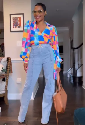 Denim Trousers with Gold Detail Buckle