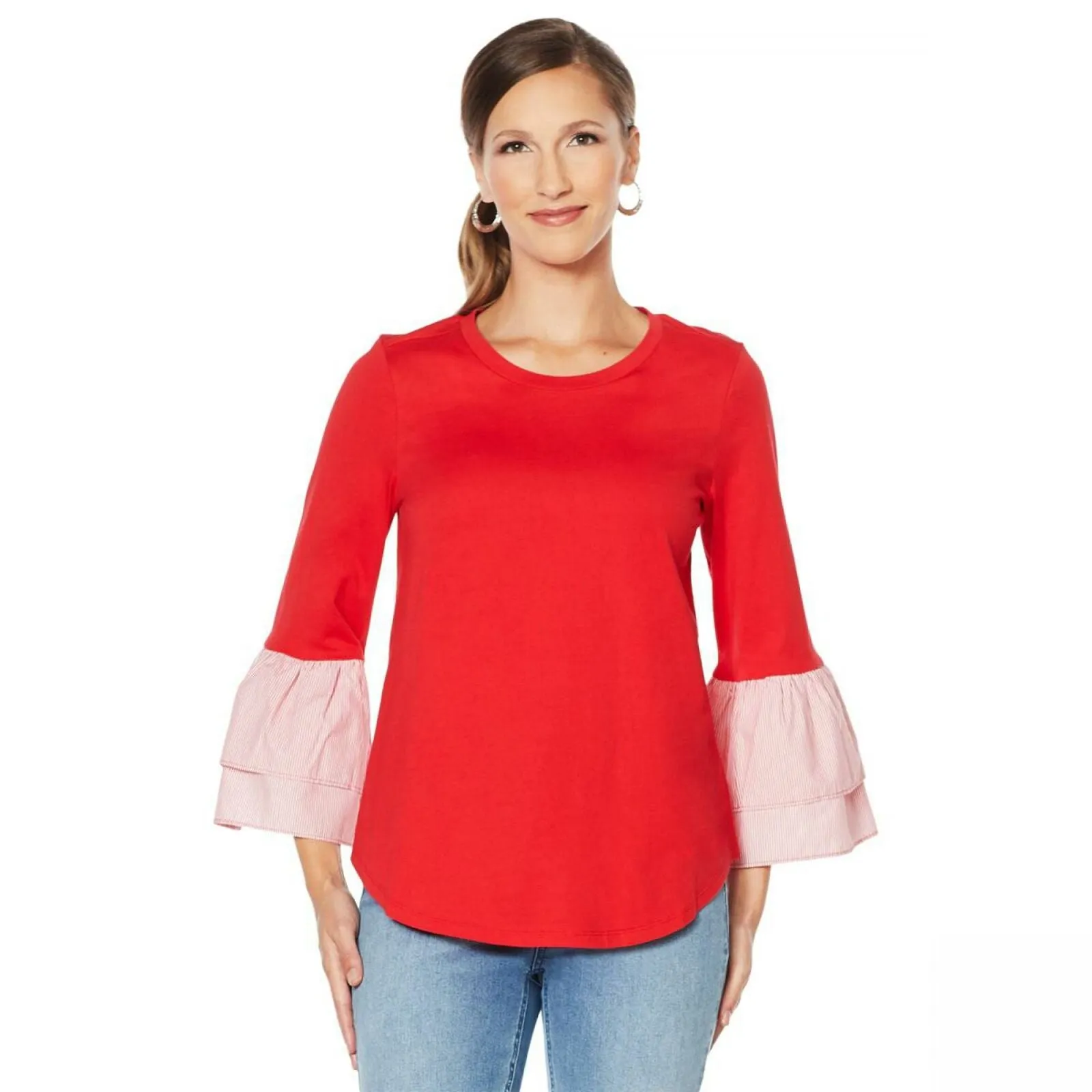 DG2 by Diane Gilman Women's Plus Size Striped Poplin Double Ruffle Top