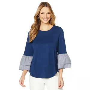 DG2 by Diane Gilman Women's Striped Poplin Double Ruffle Top