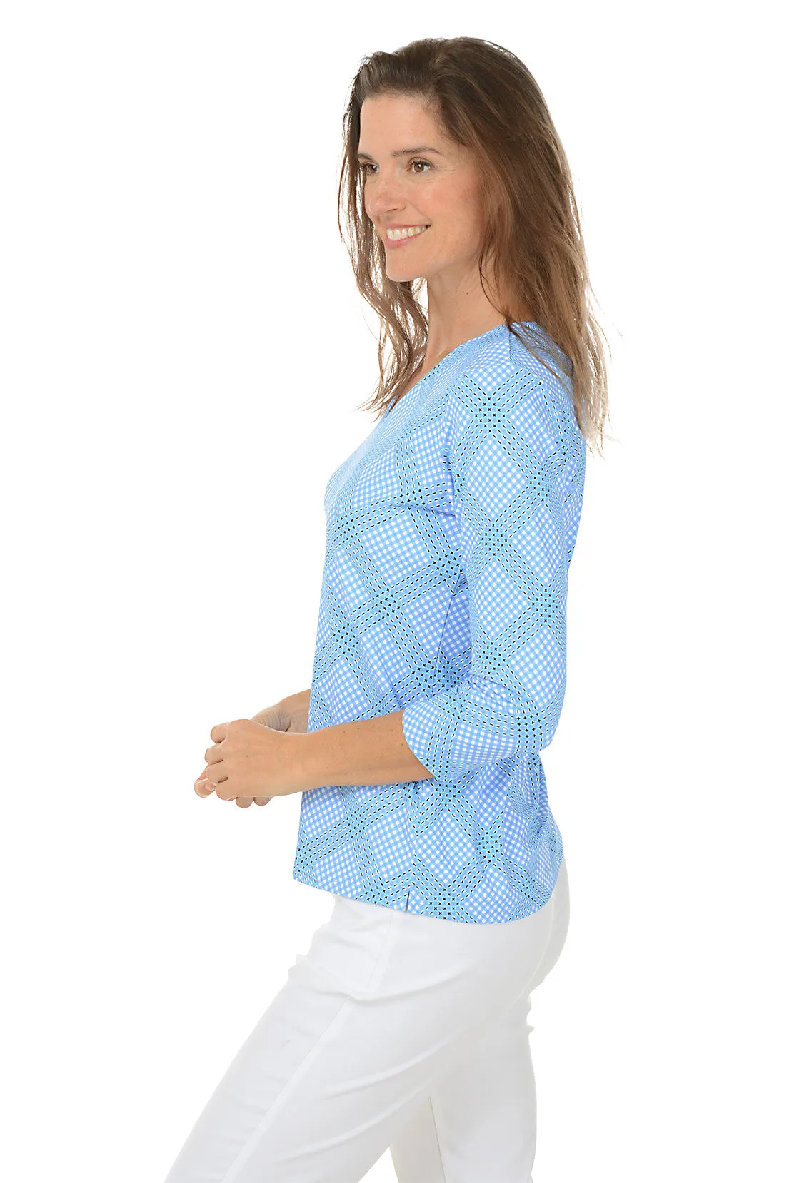 Diagonal Gingham Classic UPF50  V-Neck Top