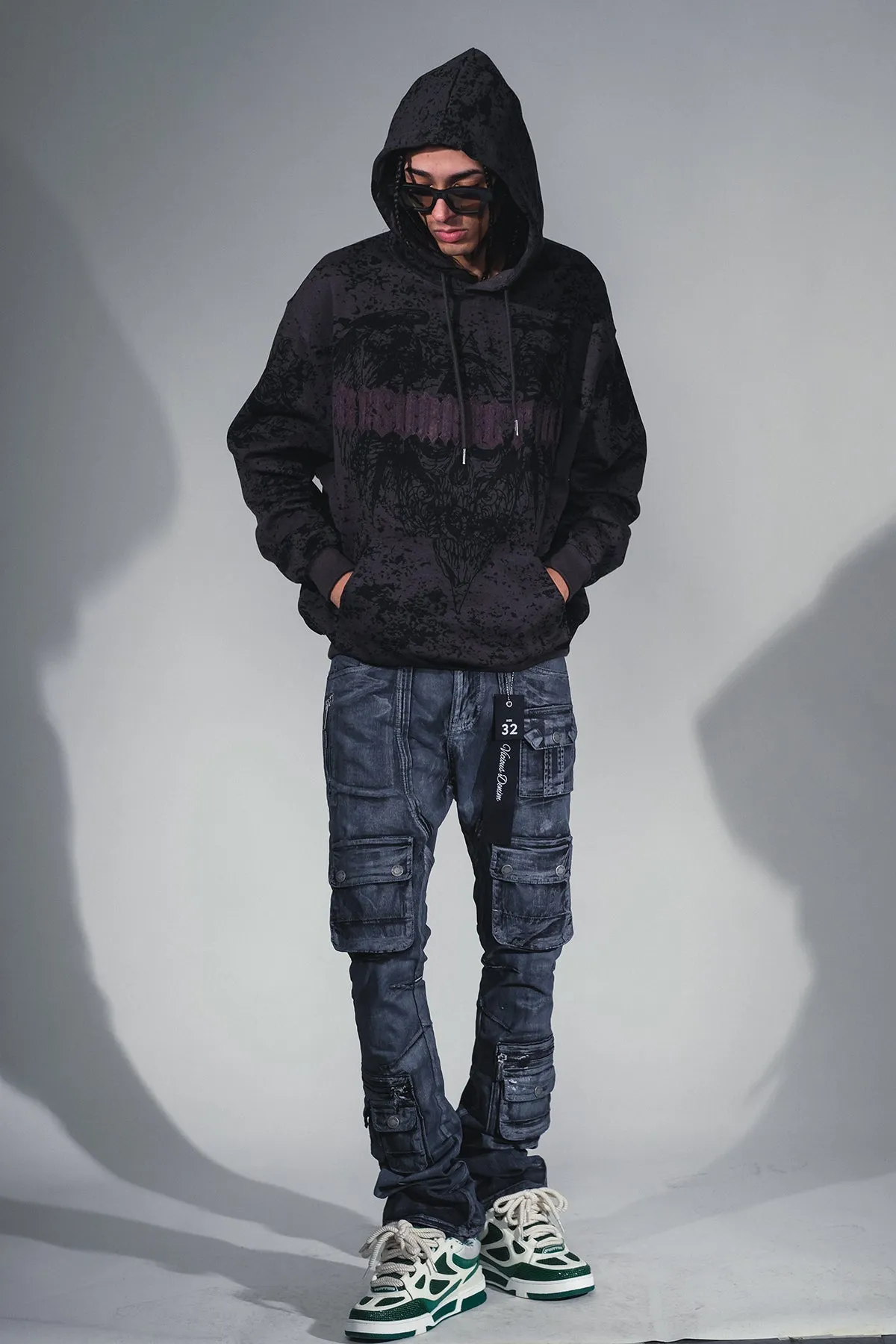 Dirty wash multi cargo flare jeans w/ zipper details