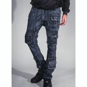 Dirty wash multi cargo flare jeans w/ zipper details