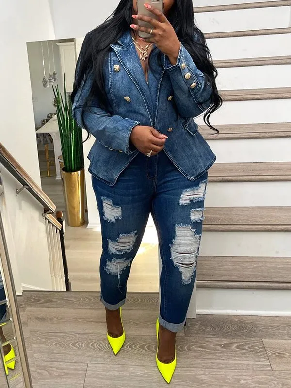 Double Breasted Denim Blazer--Clearance