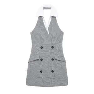 Double Breasted Plaid Halter Mini Dress