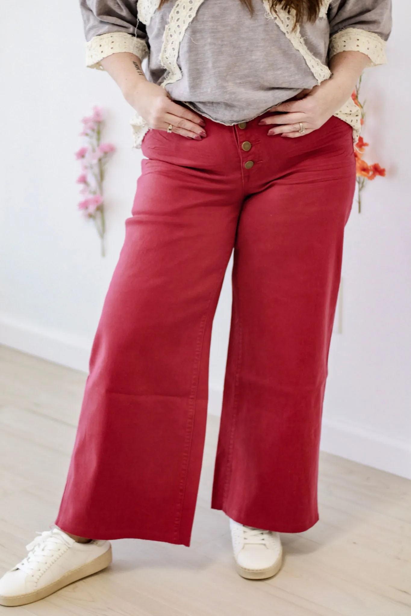Downtown Vibes Wide Leg Pants in Red Velvet