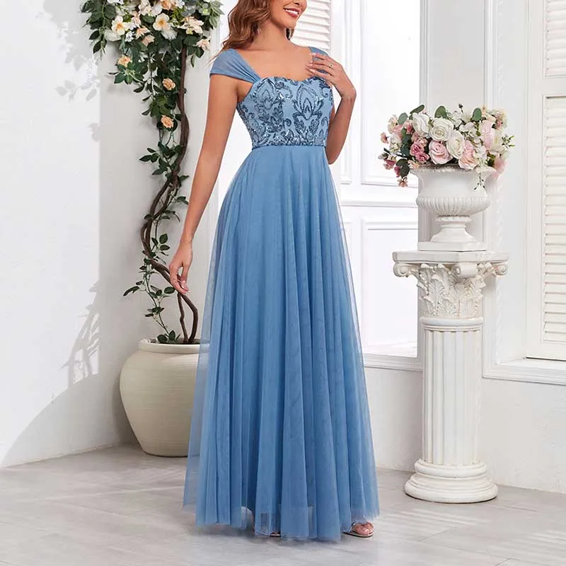 Dusty Blue Tulle Sequin Wedding Guest Dress Square-Neck Long Prom Dress