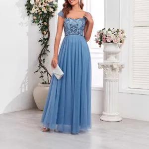 Dusty Blue Tulle Sequin Wedding Guest Dress Square-Neck Long Prom Dress