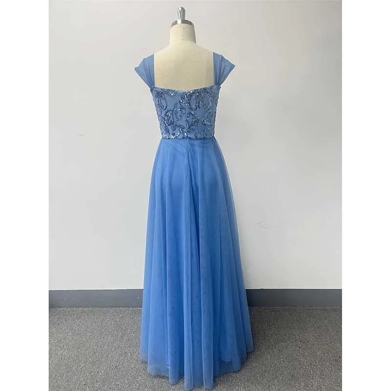 Dusty Blue Tulle Sequin Wedding Guest Dress Square-Neck Long Prom Dress