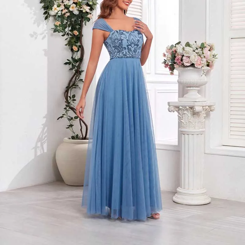 Dusty Blue Tulle Sequin Wedding Guest Dress Square-Neck Long Prom Dress