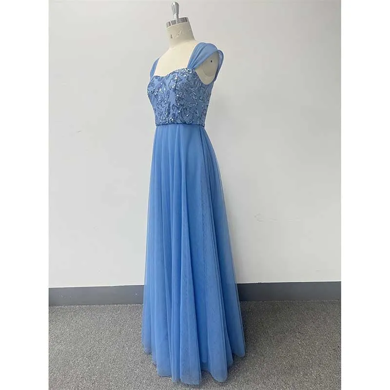 Dusty Blue Tulle Sequin Wedding Guest Dress Square-Neck Long Prom Dress