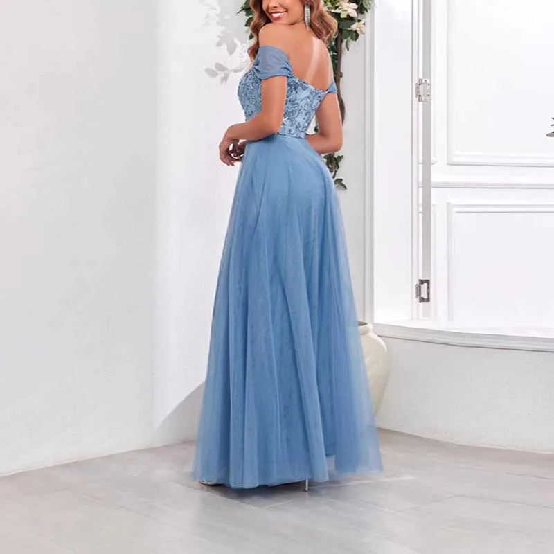 Dusty Blue Tulle Sequin Wedding Guest Dress Square-Neck Long Prom Dress