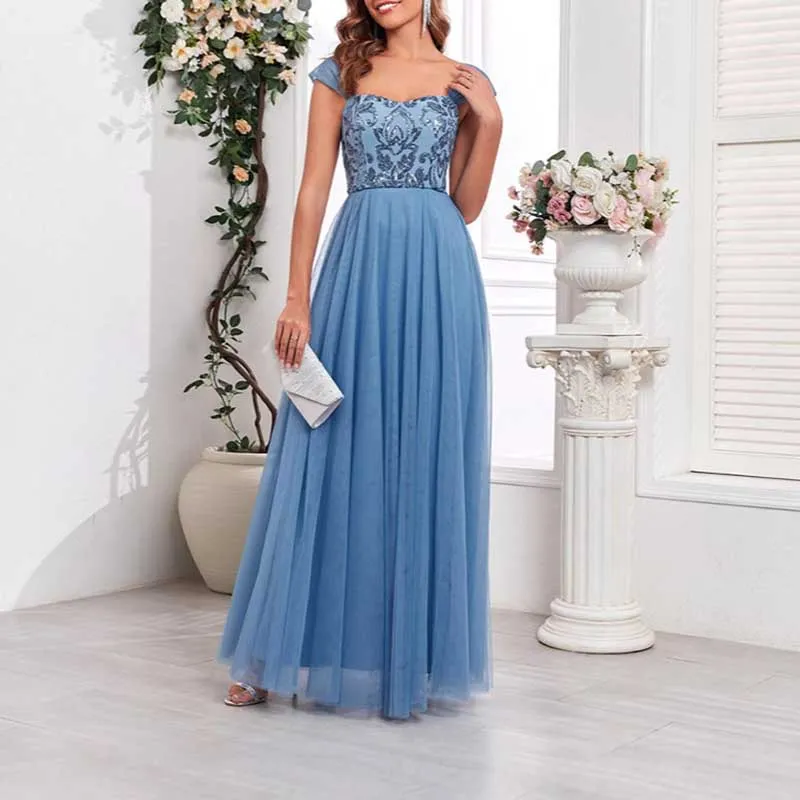 Dusty Blue Tulle Sequin Wedding Guest Dress Square-Neck Long Prom Dress