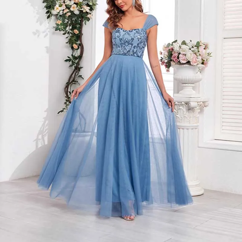 Dusty Blue Tulle Sequin Wedding Guest Dress Square-Neck Long Prom Dress