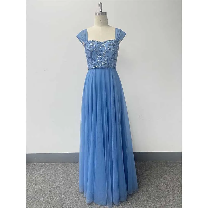 Dusty Blue Tulle Sequin Wedding Guest Dress Square-Neck Long Prom Dress