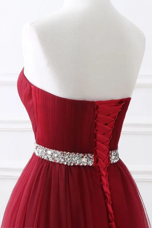 Elegant Lace-up Strapless Sweetheart Tulle Red Prom Dress