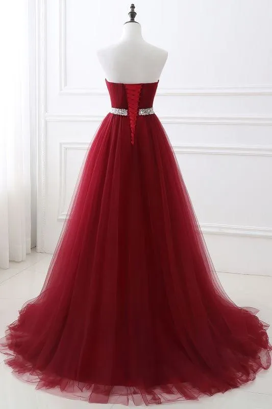 Elegant Lace-up Strapless Sweetheart Tulle Red Prom Dress