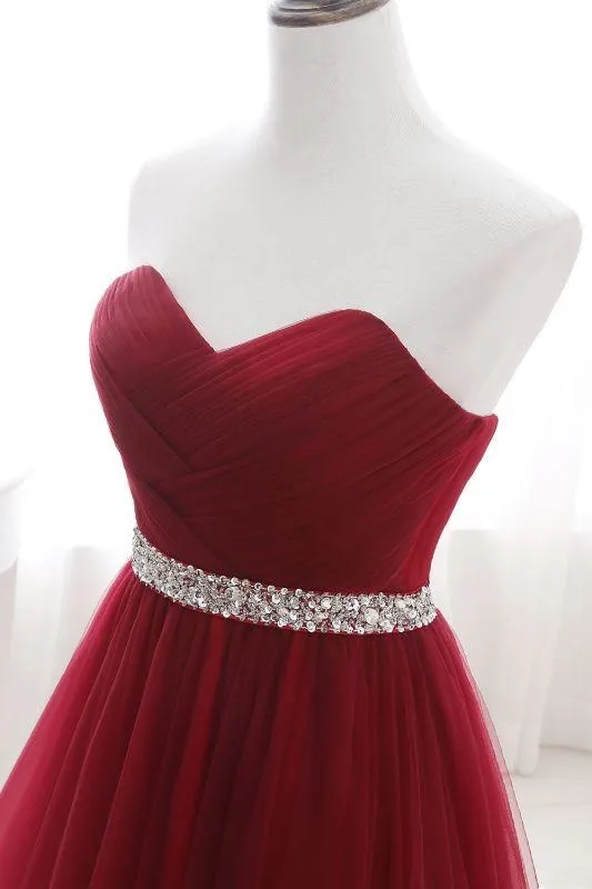 Elegant Lace-up Strapless Sweetheart Tulle Red Prom Dress
