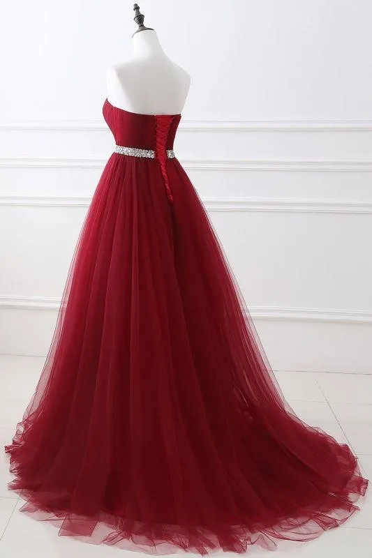 Elegant Lace-up Strapless Sweetheart Tulle Red Prom Dress