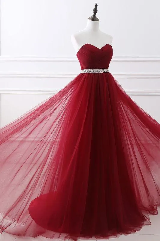 Elegant Lace-up Strapless Sweetheart Tulle Red Prom Dress
