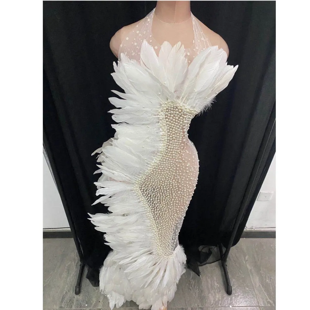Elegant White Feather Mesh See Through