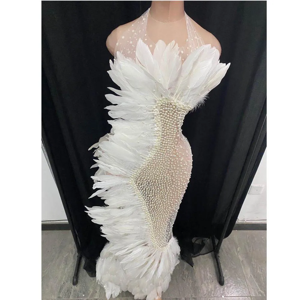 Elegant White Feather Mesh See Through
