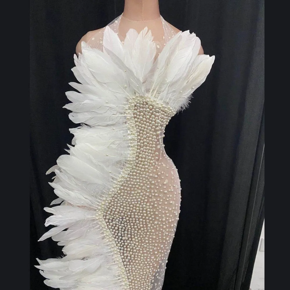 Elegant White Feather Mesh See Through