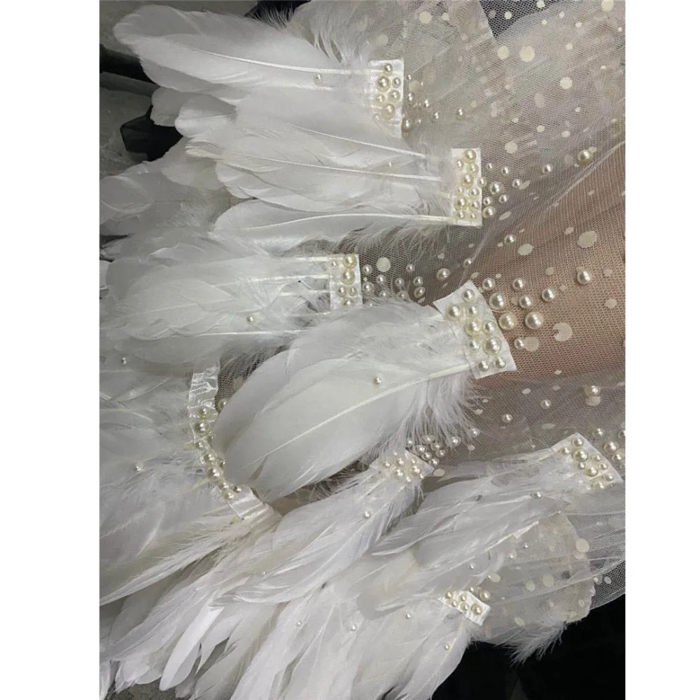 Elegant White Feather Mesh See Through
