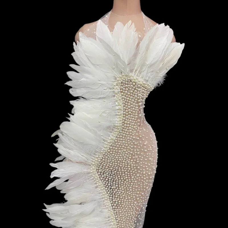 Elegant White Feather Mesh See Through