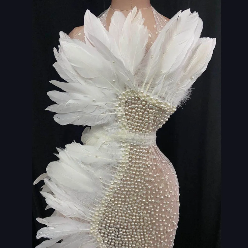 Elegant White Feather Mesh See Through