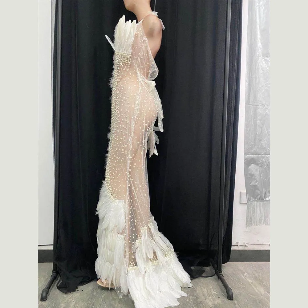 Elegant White Feather Mesh See Through