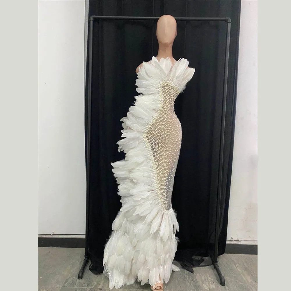Elegant White Feather Mesh See Through
