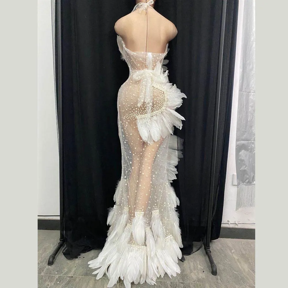 Elegant White Feather Mesh See Through