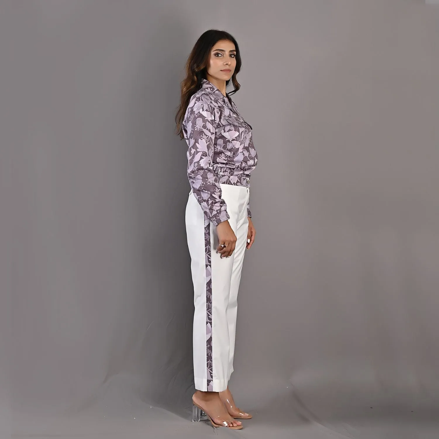 Elowyn- Mauve Floral Printed Bomber Jacket with Bell Bottoms Set