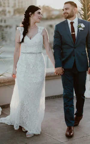 Ethereal Sheath Queen Anne Lace Sweep Train Wedding Dress with Appliques-716402