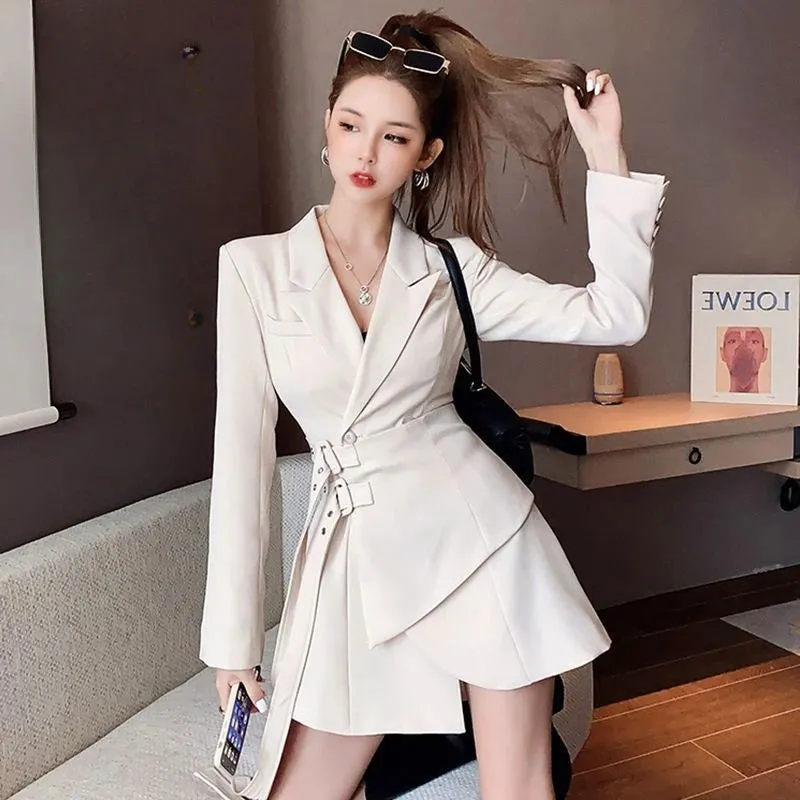 Fake Two-piece Women Blazer Lace Up Suit Jacket Women New Waistband Dress Long Sleeved Suit 2024 Korean Fashion Women Clothing