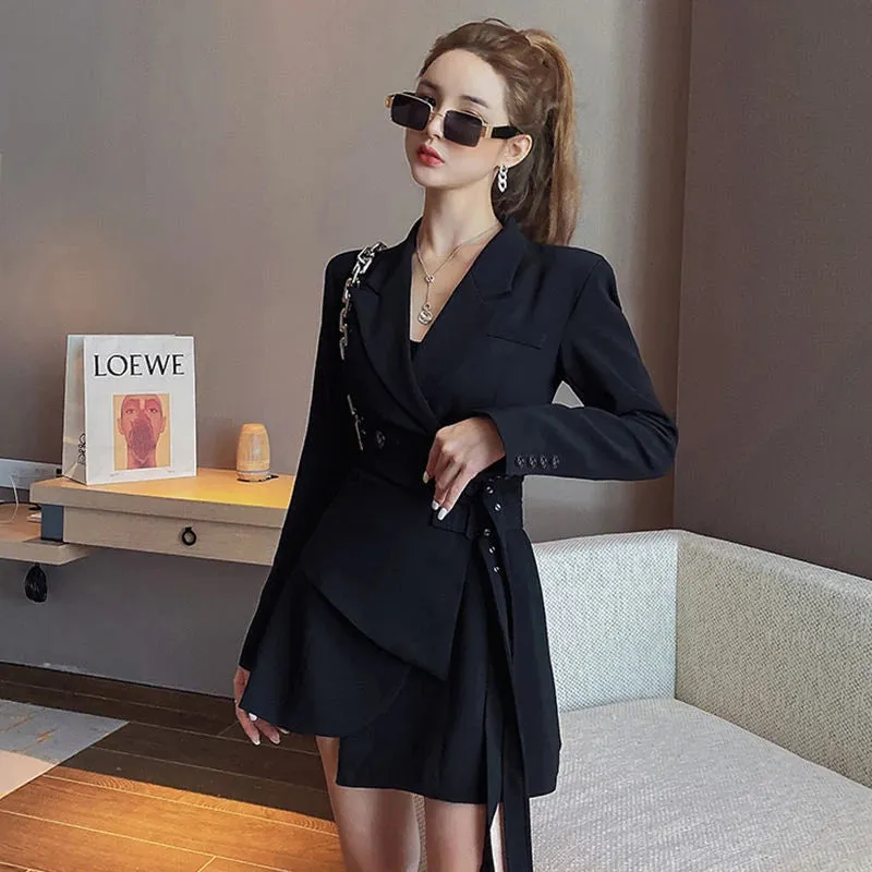 Fake Two-piece Women Blazer Lace Up Suit Jacket Women New Waistband Dress Long Sleeved Suit 2024 Korean Fashion Women Clothing