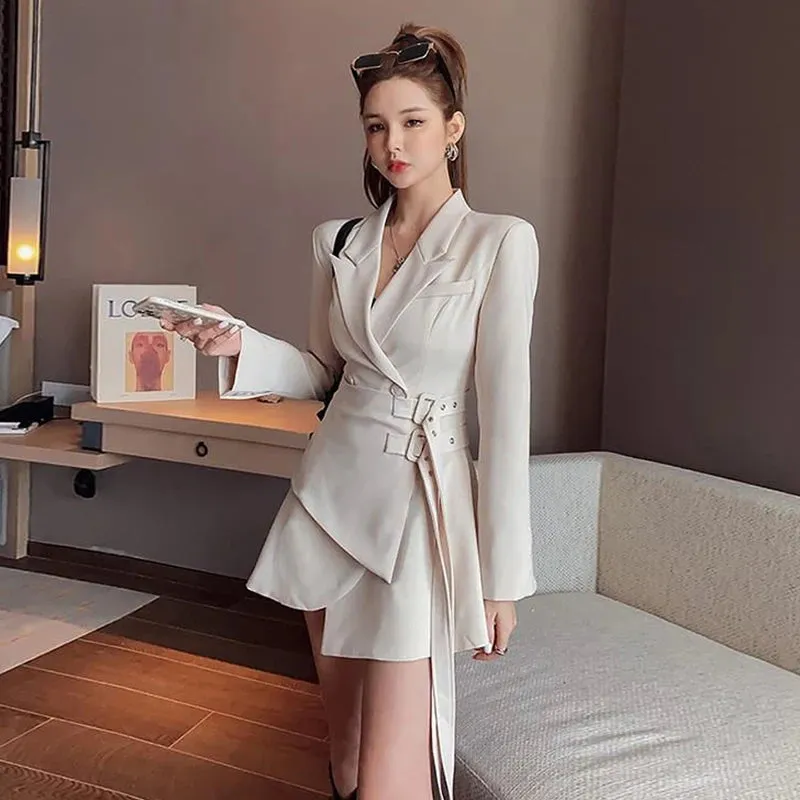Fake Two-piece Women Blazer Lace Up Suit Jacket Women New Waistband Dress Long Sleeved Suit 2024 Korean Fashion Women Clothing