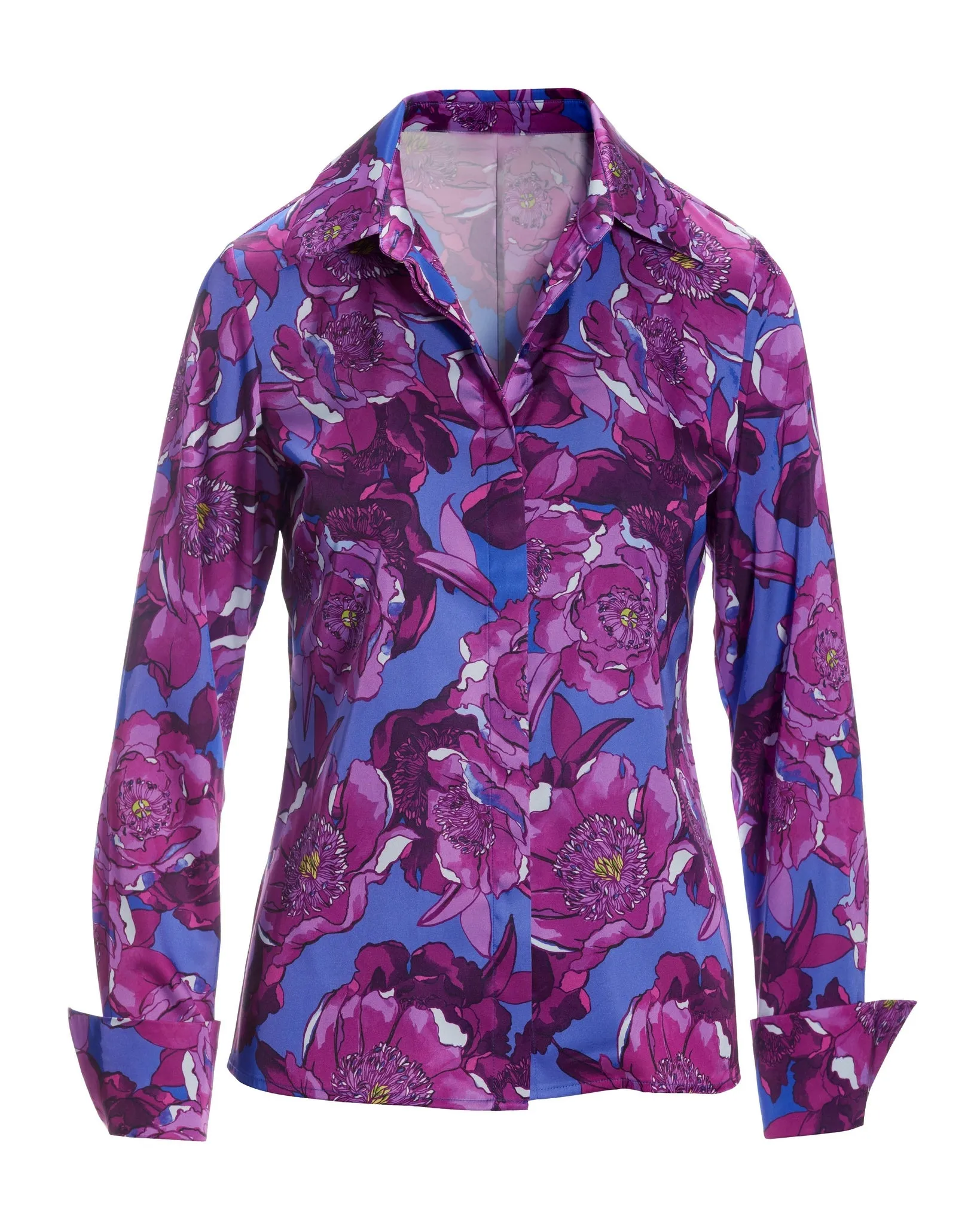 Falling Garden Print Sophia Button Up Charmeuse Blouse Purple Multi